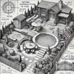 DALL·E 2025-01-23 10.33.49 – A professional-style garden blueprint drawing in black and white, showcasing a detailed layout of a dream garden. Includes a natural swimming pond or